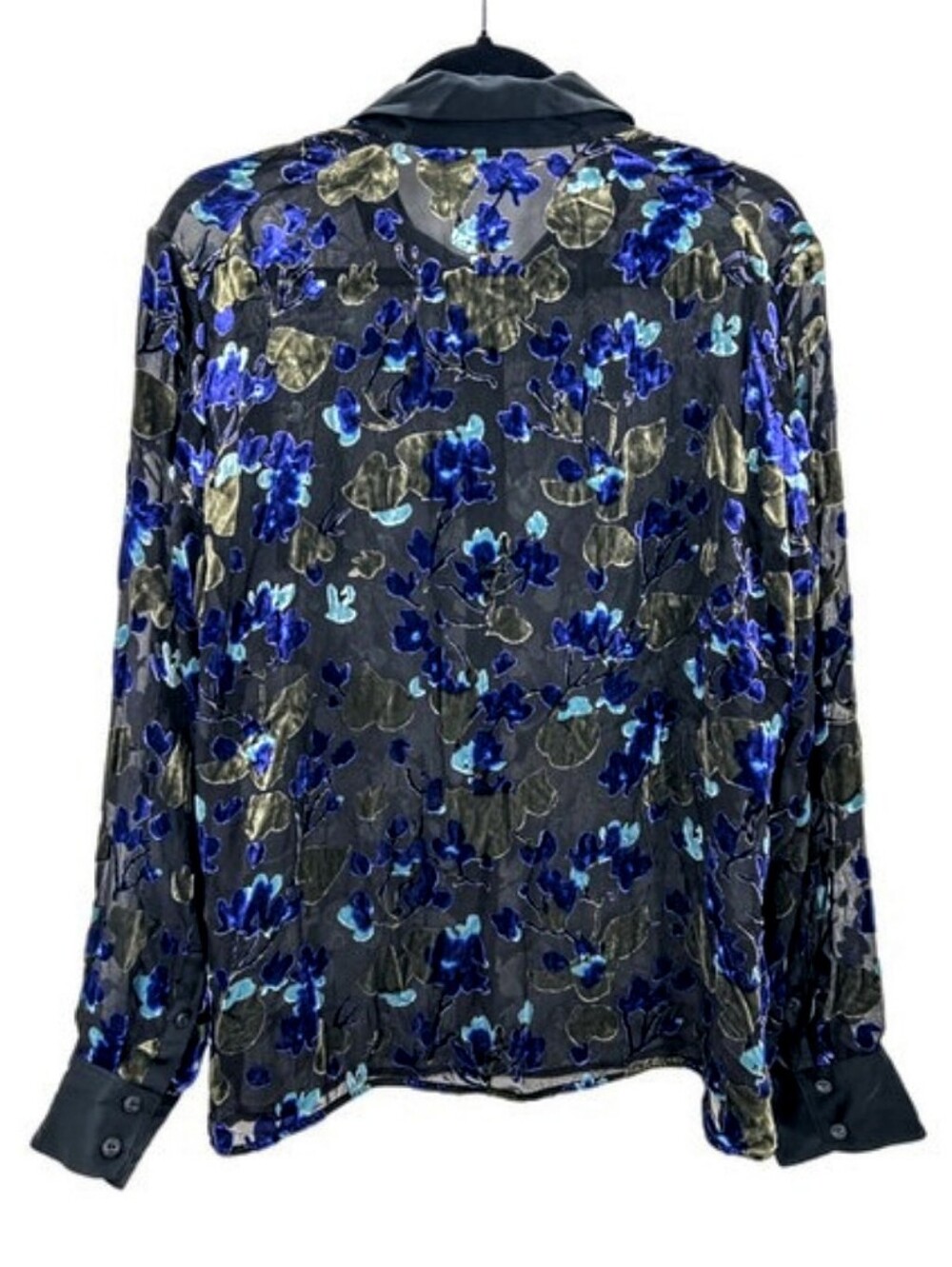 🆕💙RAG & BONE "GIGI" BLACK SILK BLEND SHEER BLOUSE BLUE FLORAL VELVET BURNOUT - Picture 6 of 13
